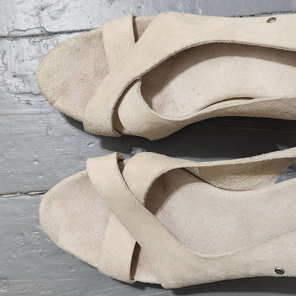 Ugg Beige Suede Slingback Criss Cross Strap Stacked Wooden Wedge Heel Sandals - Picture 3 of 7